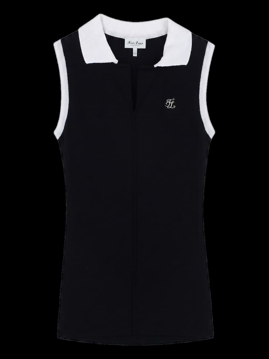 블랙 배색 골지 슬리브리스 니트