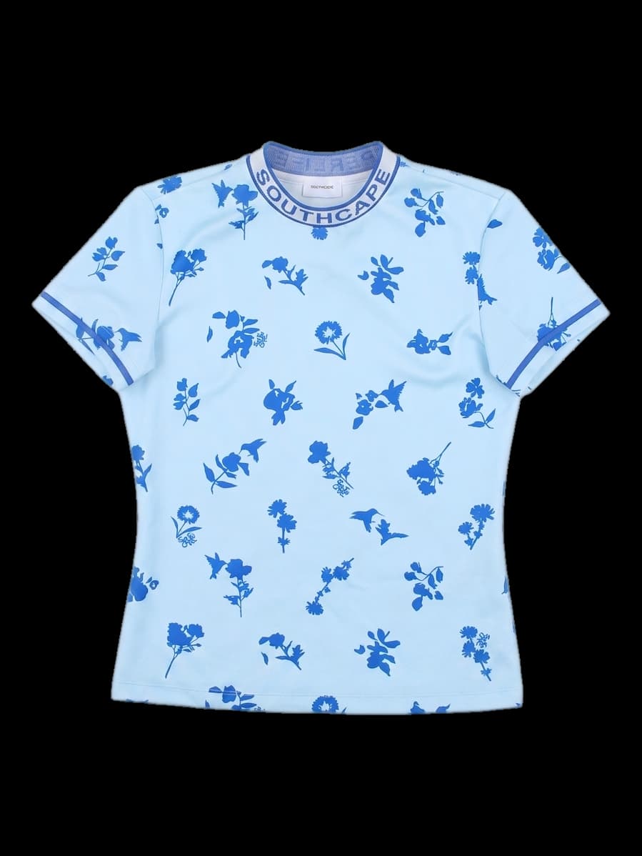 블루 플로럴 프린트 반팔 티셔츠