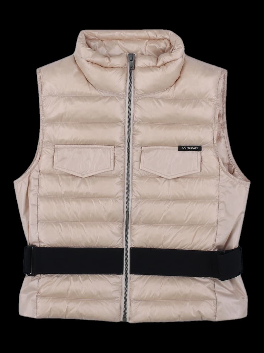 베이지 벨티드 경량 패딩 베스트