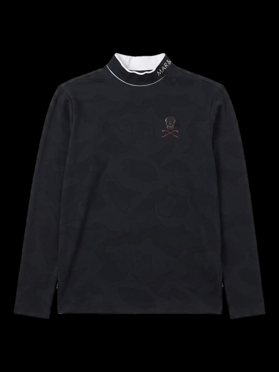 블랙 스컬 로고 하이넥 긴팔 티셔츠