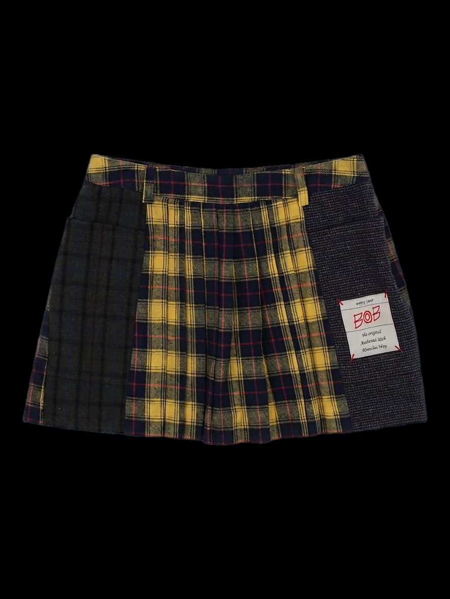 멀티 체크 패치워크 플리츠 미니 스커트