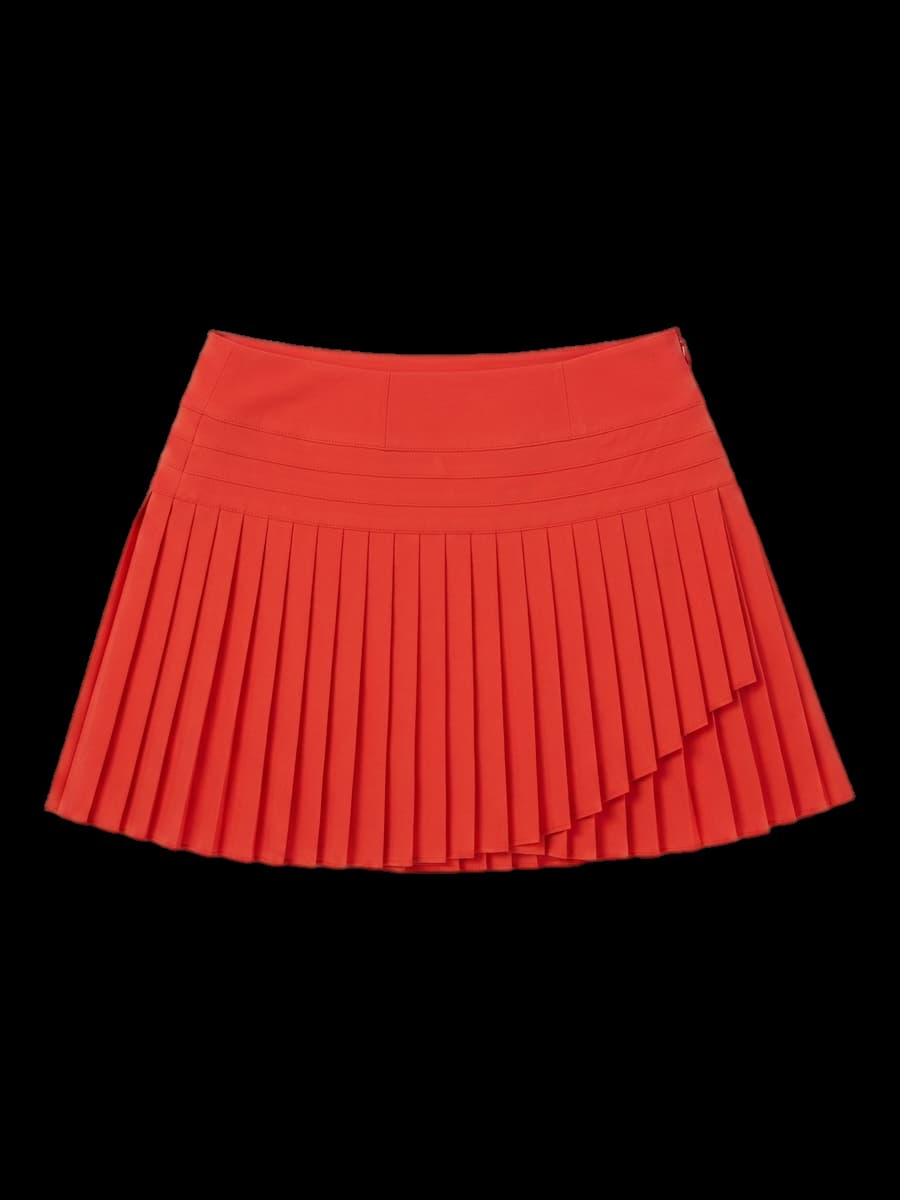 오렌지 레드 플리츠 미니 스커트