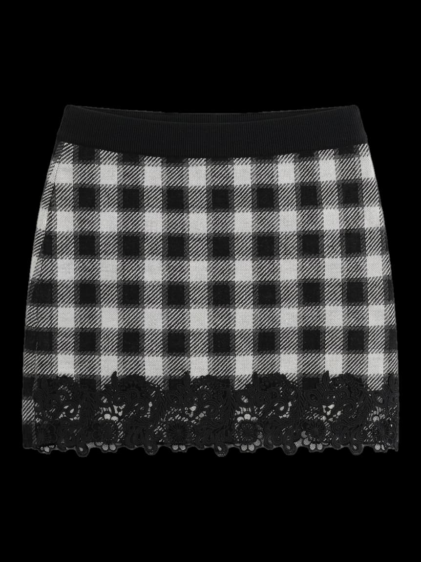 블랙 앤 화이트 깅엄 체크 레이스 트림 미니 스커트