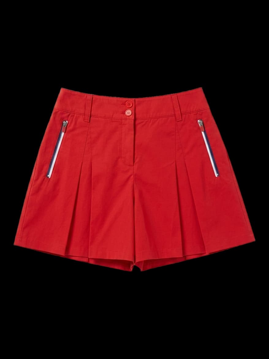 레드 컬러 테이프 디테일 플리츠 큐롯 팬츠