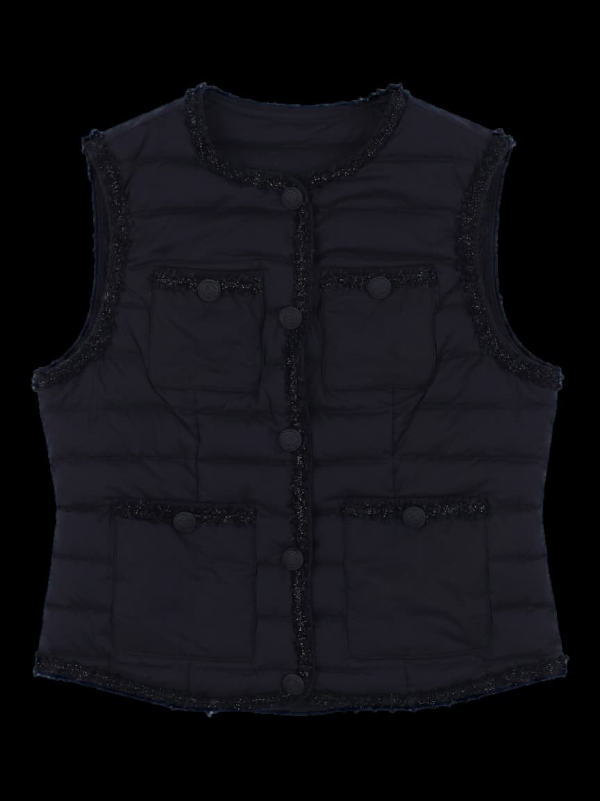 블랙 트위드 배색 가로 퀼팅 라운드넥 다운 베스트