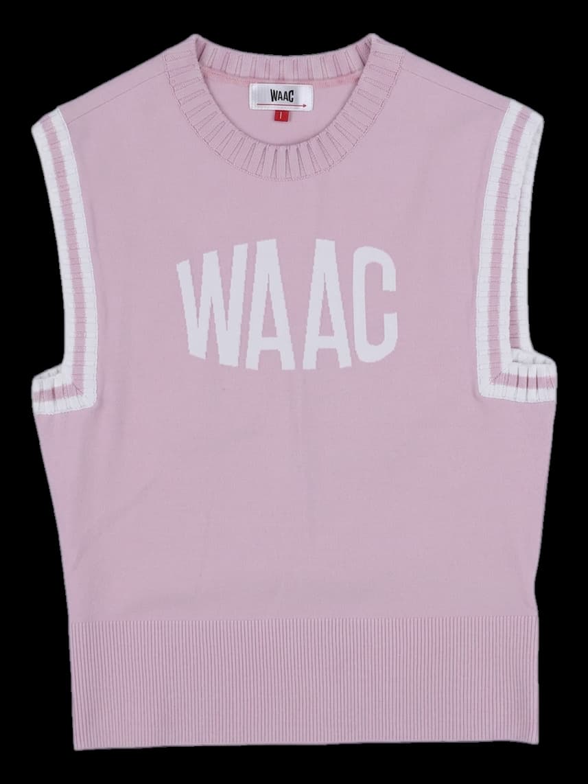 핑크 스트라이프 립 조직 로고 니트 베스트