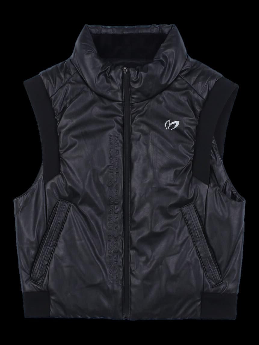 블랙 유광 레더 배색 다운 베스트