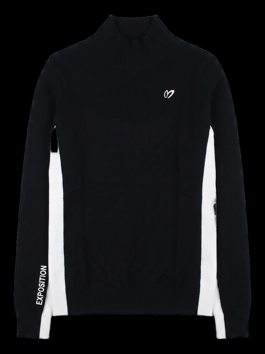 블랙 배색 하이넥 니트 티셔츠