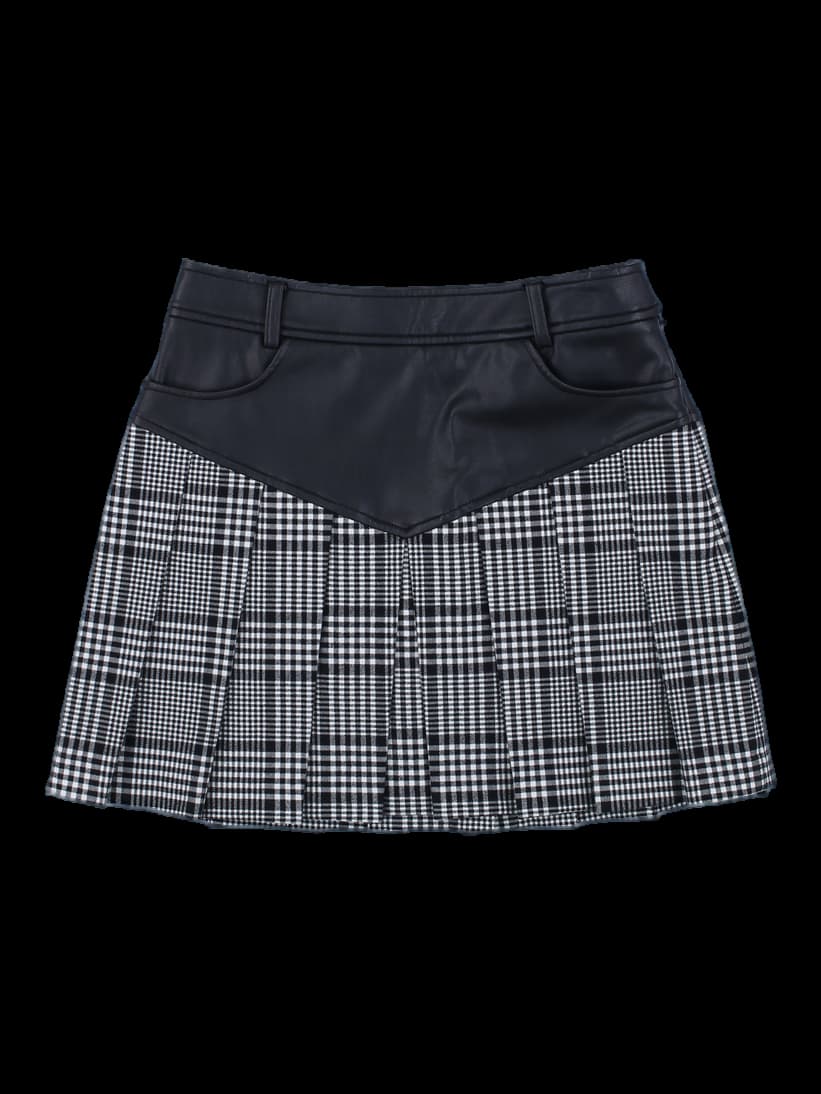 블랙 인조가죽 배색 체크 플리츠 스커트