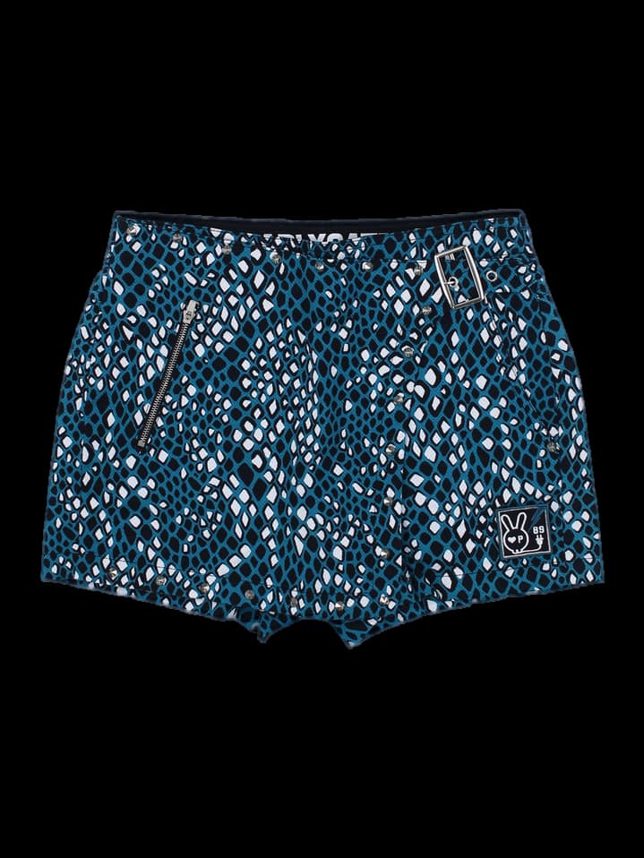블루 스네이크 스킨 패턴 스터드 포인트 쇼츠