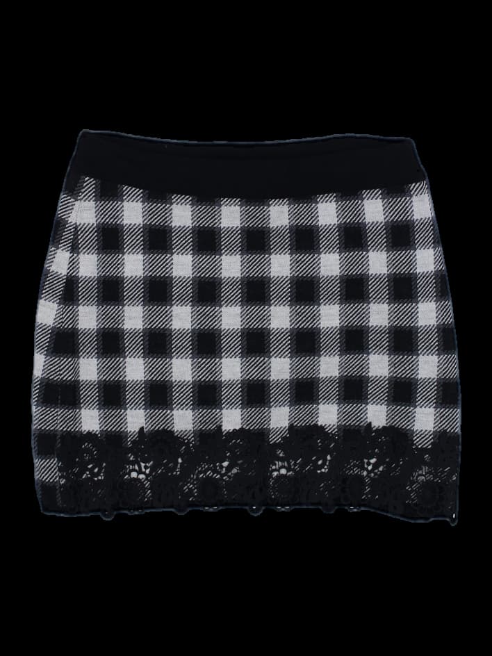블랙 앤 화이트 깅엄 체크 레이스 트림 미니 스커트