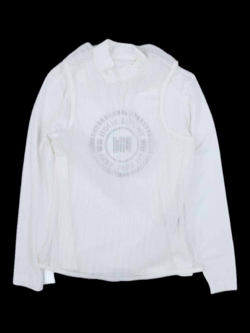 여성 화이트 하이넥 플리츠 롱슬리브 티셔츠