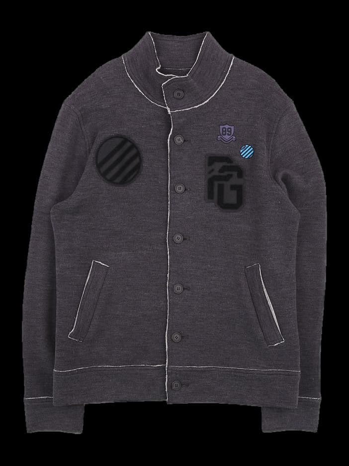 다크 그레이 하이넥 배색 스티치 니트 집업 자켓