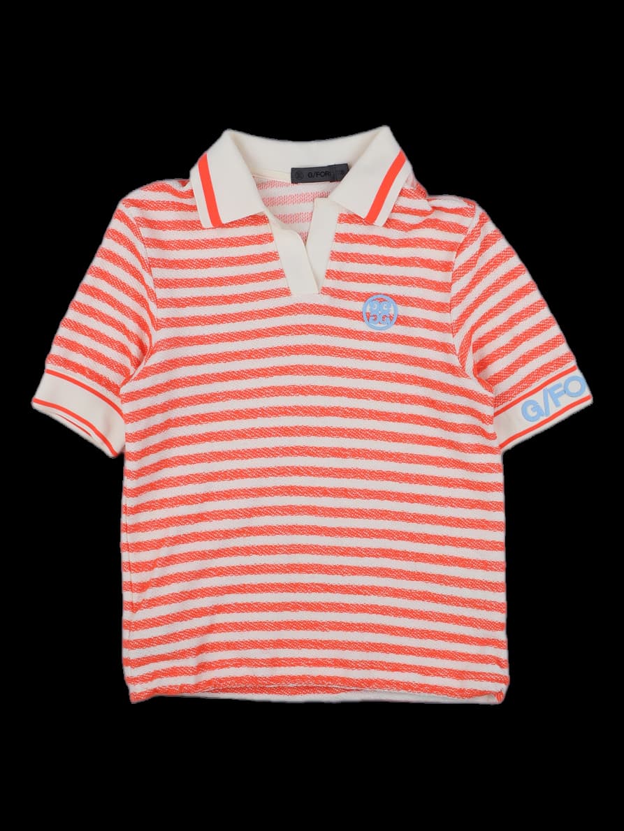 오렌지 스트라이프 반팔 카라 니트