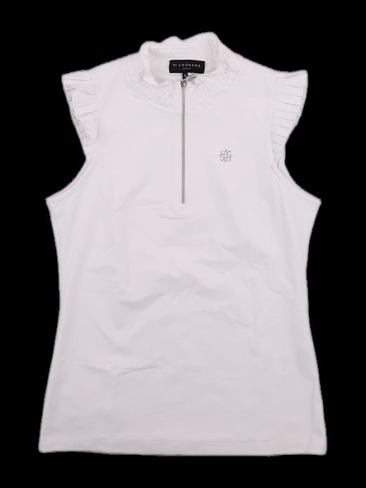 화이트 하이넥 주름 소매 지퍼 민소매 티셔츠