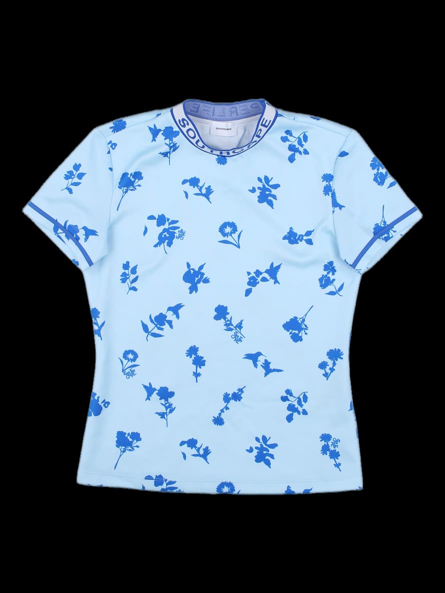 블루 플로럴 프린트 반팔 티셔츠
