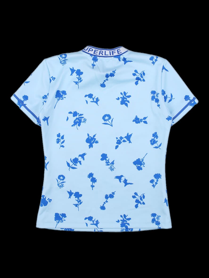 블루 플로럴 프린트 반팔 티셔츠