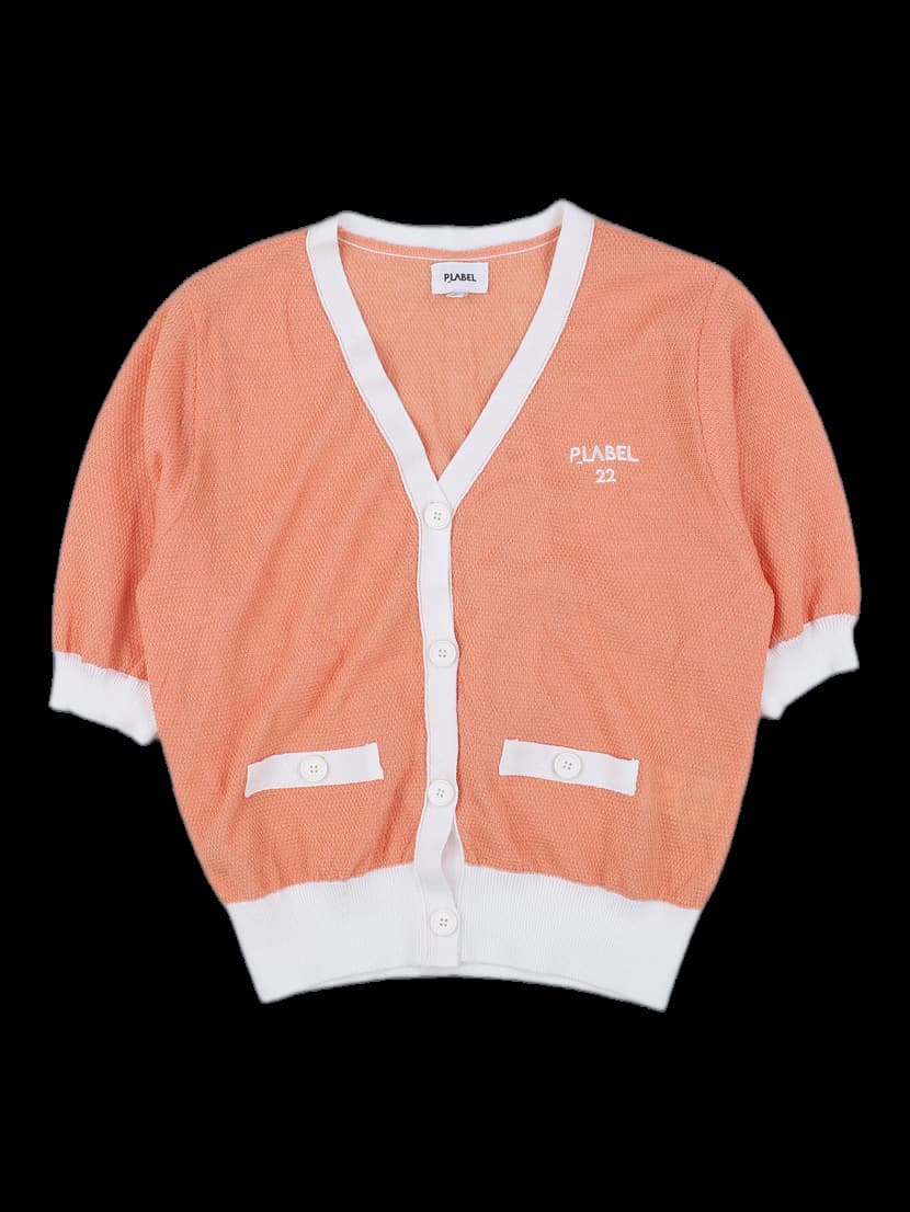 오렌지 배색 반팔 니트 가디건