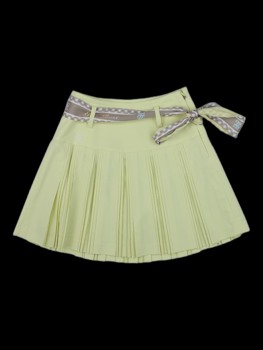 옐로우 체크 벨트 플리츠 스커트