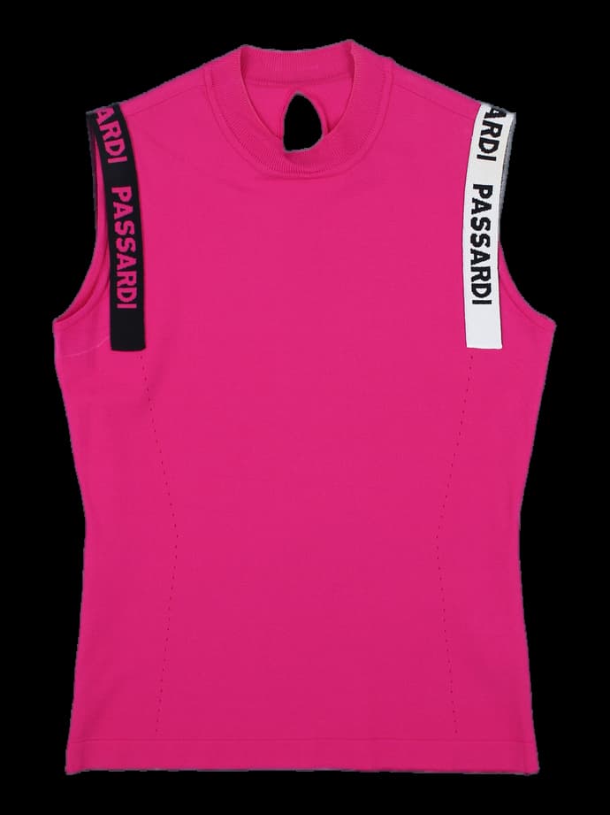 여성 핑크 슬리브리스 로고 니트 탑