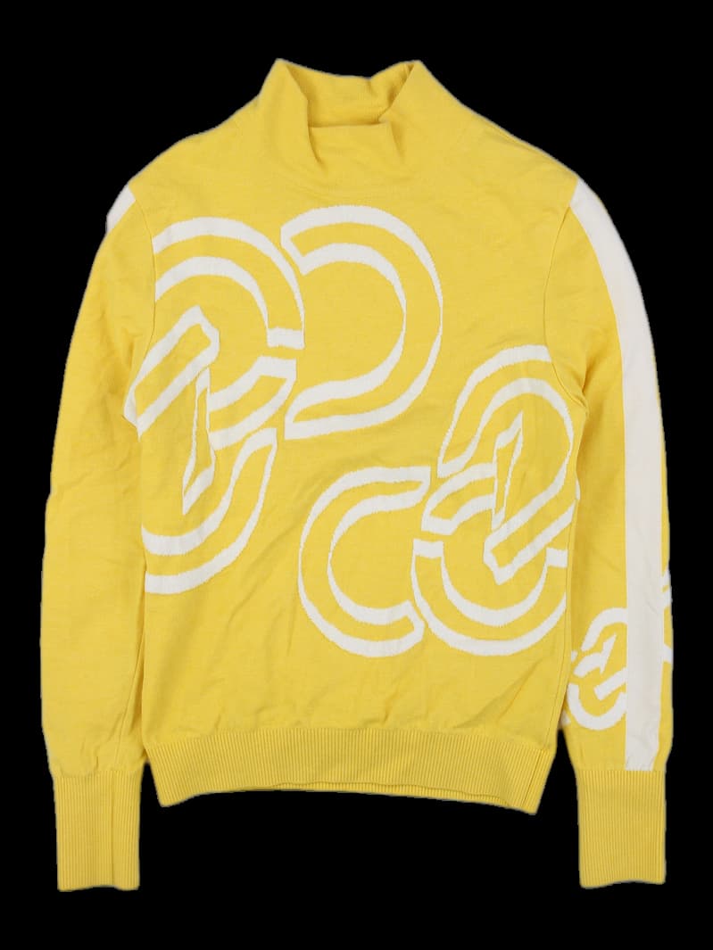 옐로우 그래픽 패턴 모크넥 니트 풀오버