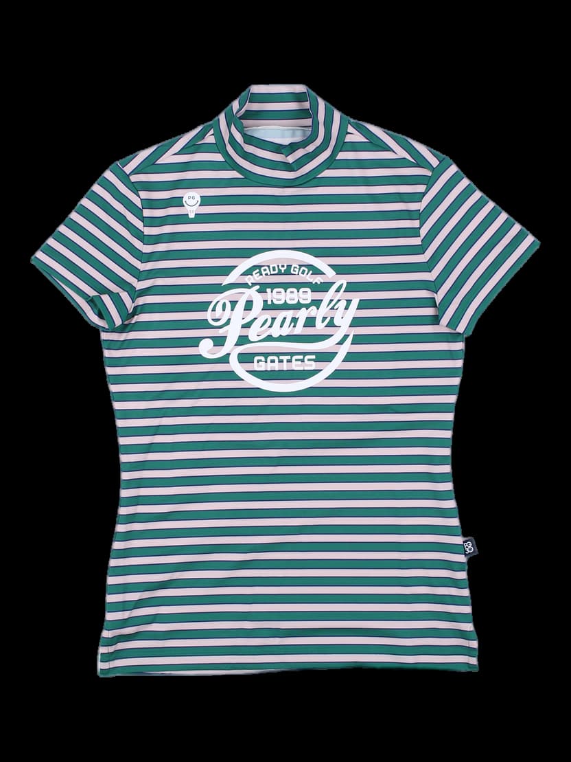 파리게이츠 여성 그린 스트라이프 하이넥 반팔 티셔츠