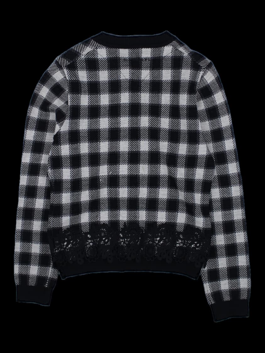 블랙 앤 화이트 체크 패턴 레이스 트리밍 가디건