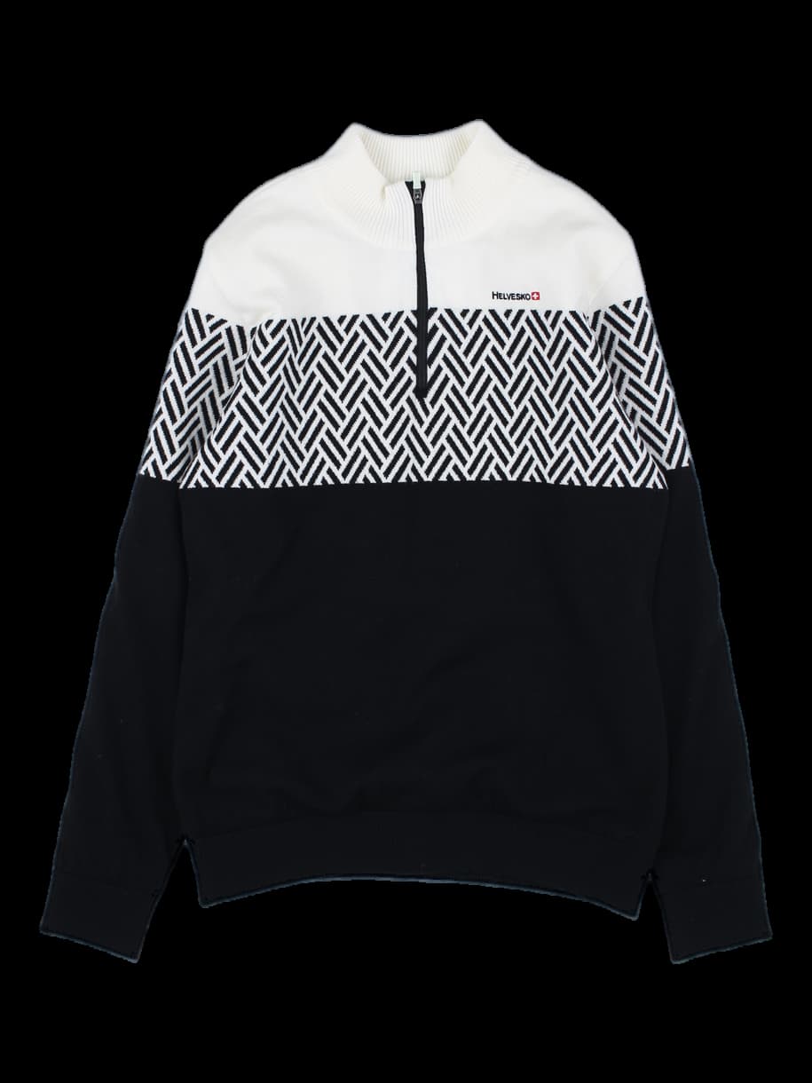 블랙/아이보리 배색 기하학 패턴 하프 집업 니트 스웨터