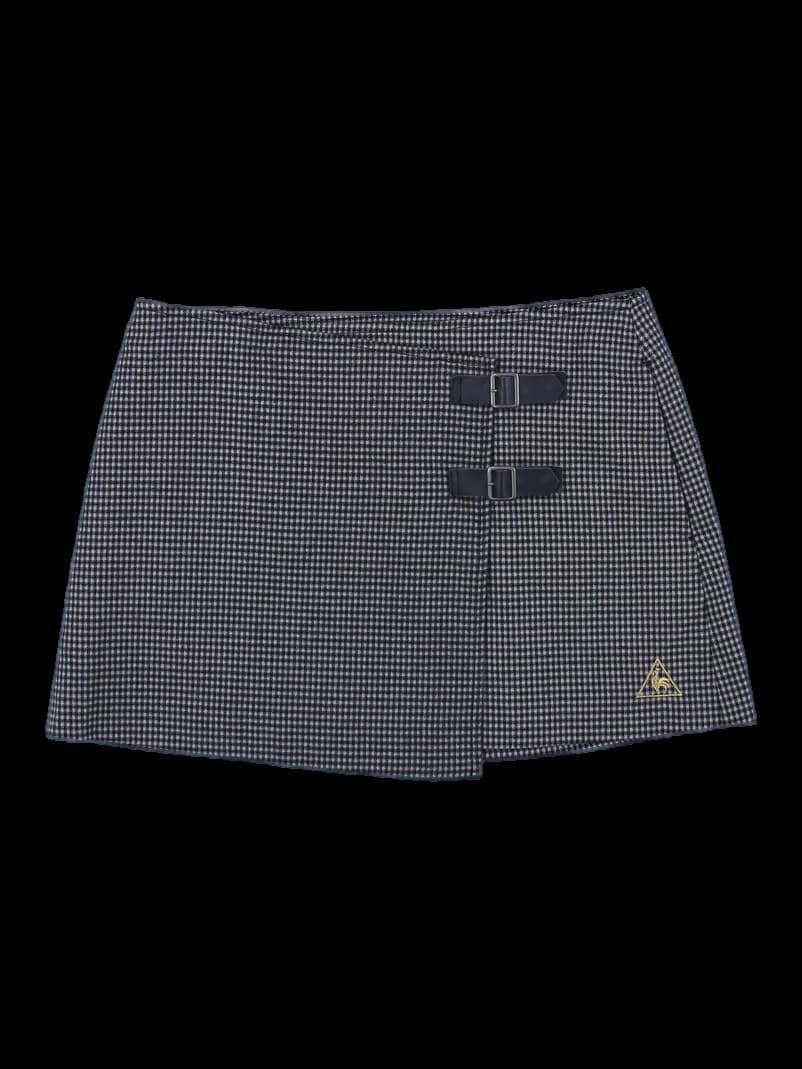 체크 패턴 더블 벨티드 미니 스커트