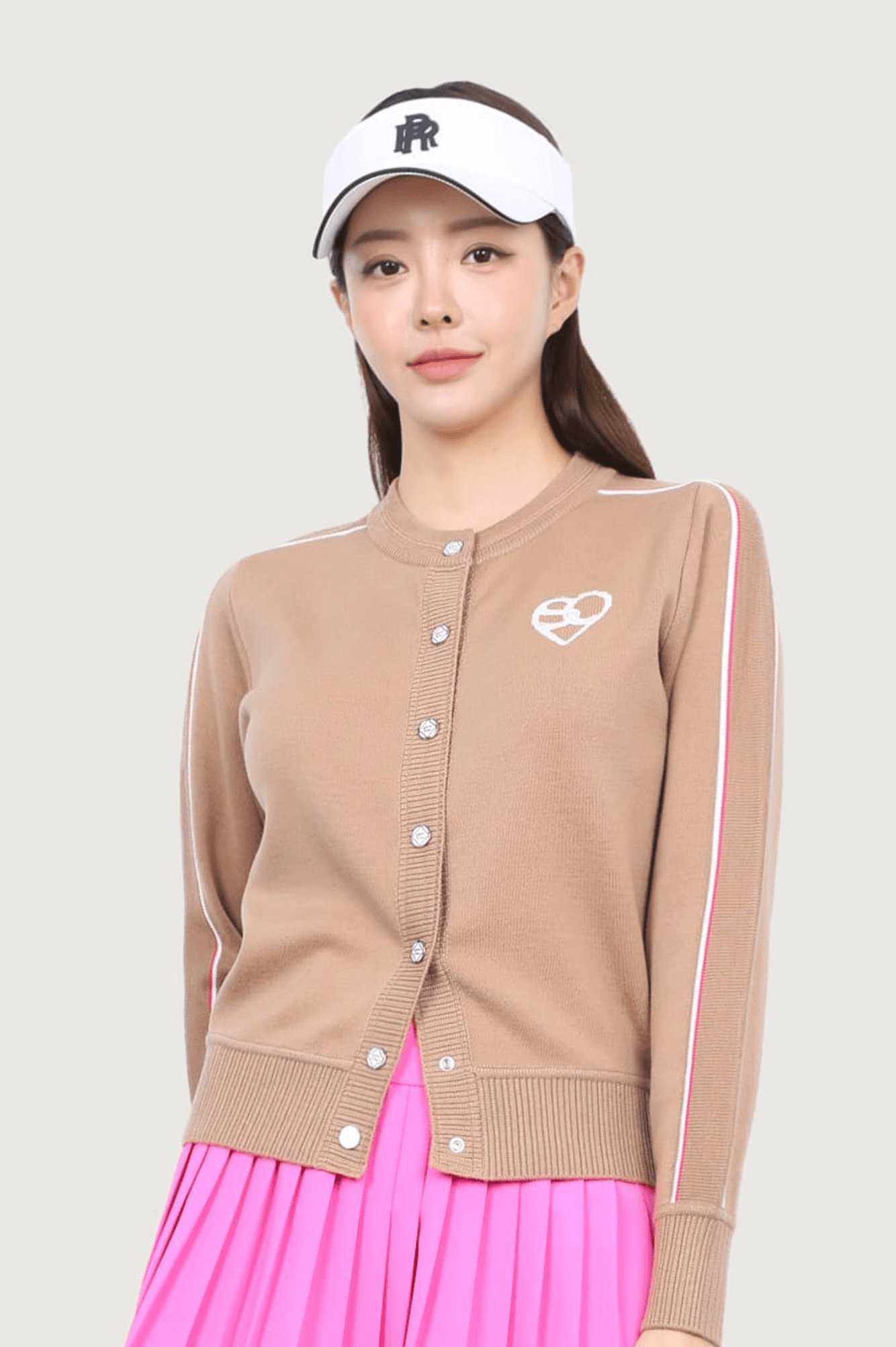 여성 하트 로고 배색 라인 가디건