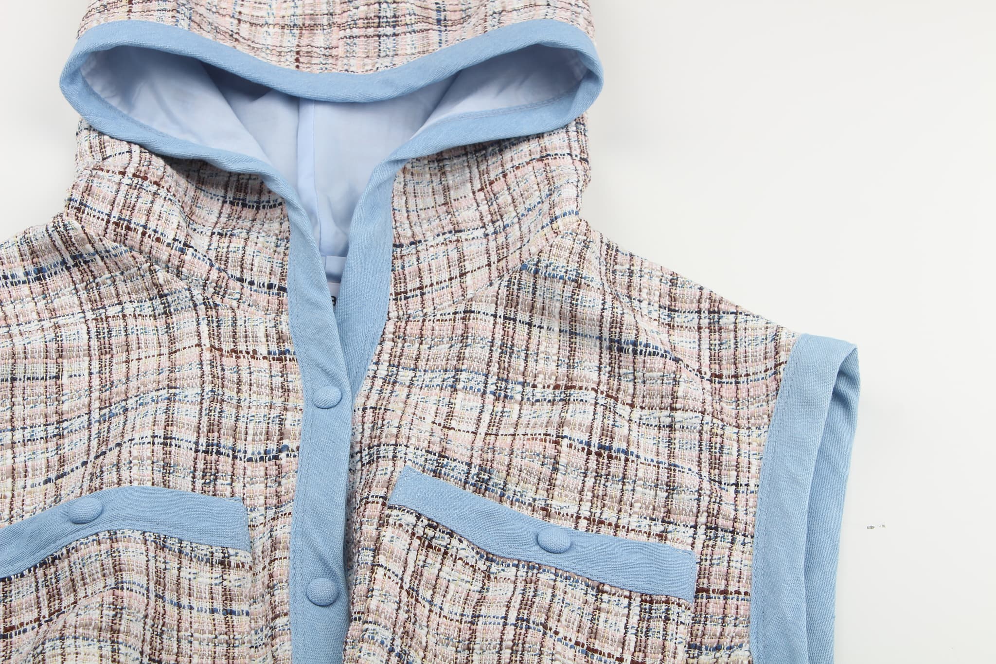 블루 트위드 후드 베스트 쇼츠 투피스 세트