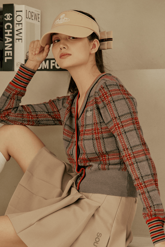 앵글로매니아 체크 브이넥 가디건 그레이