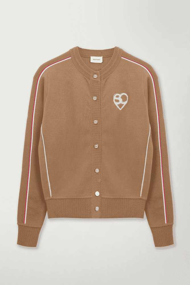 여성 하트 로고 배색 라인 가디건