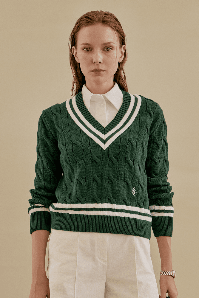 [스포티앤리치] 여성 SRC 케이블 브이넥 니트 GREEN