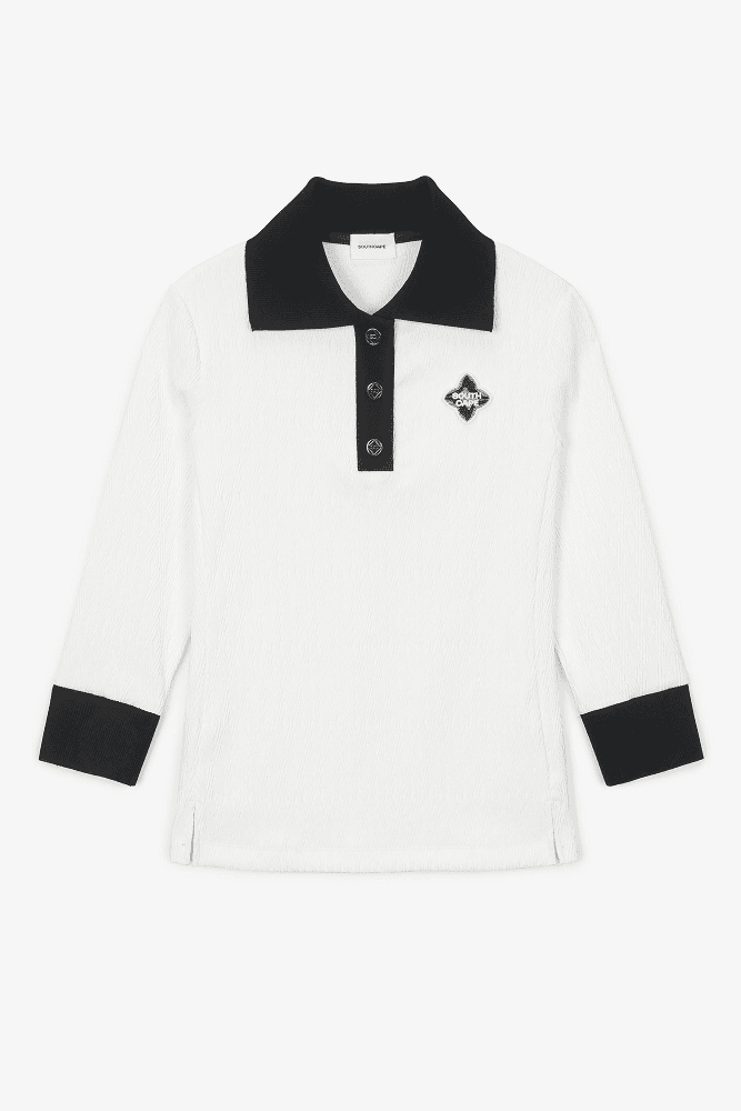 배색 니트 자카드 5부 티셔츠