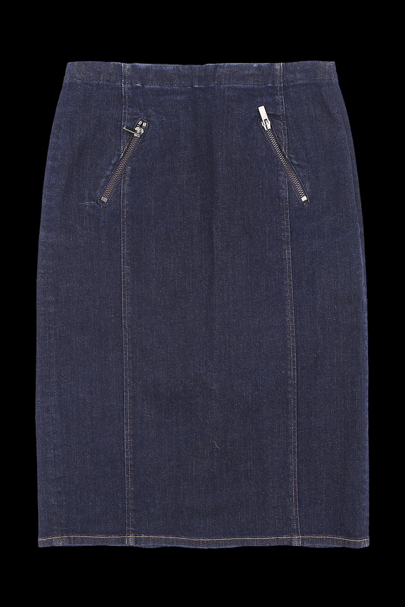 지퍼 포켓 스판 청 미디 스커트