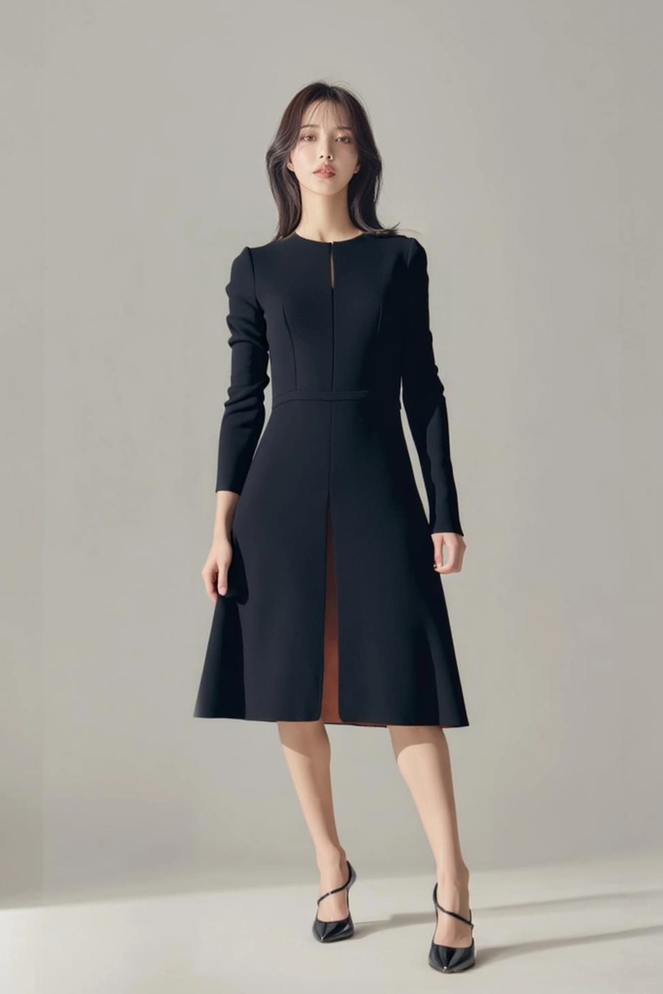 트임 배색 롱 긴팔 원피스