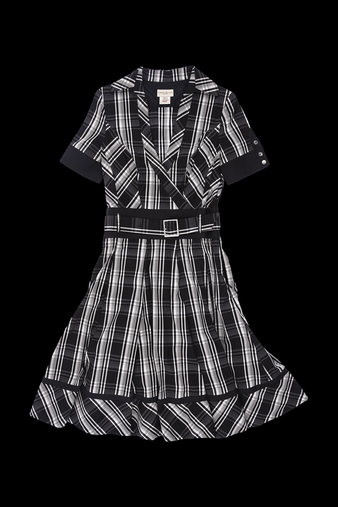 벨트 체크 반팔 미디 원피스