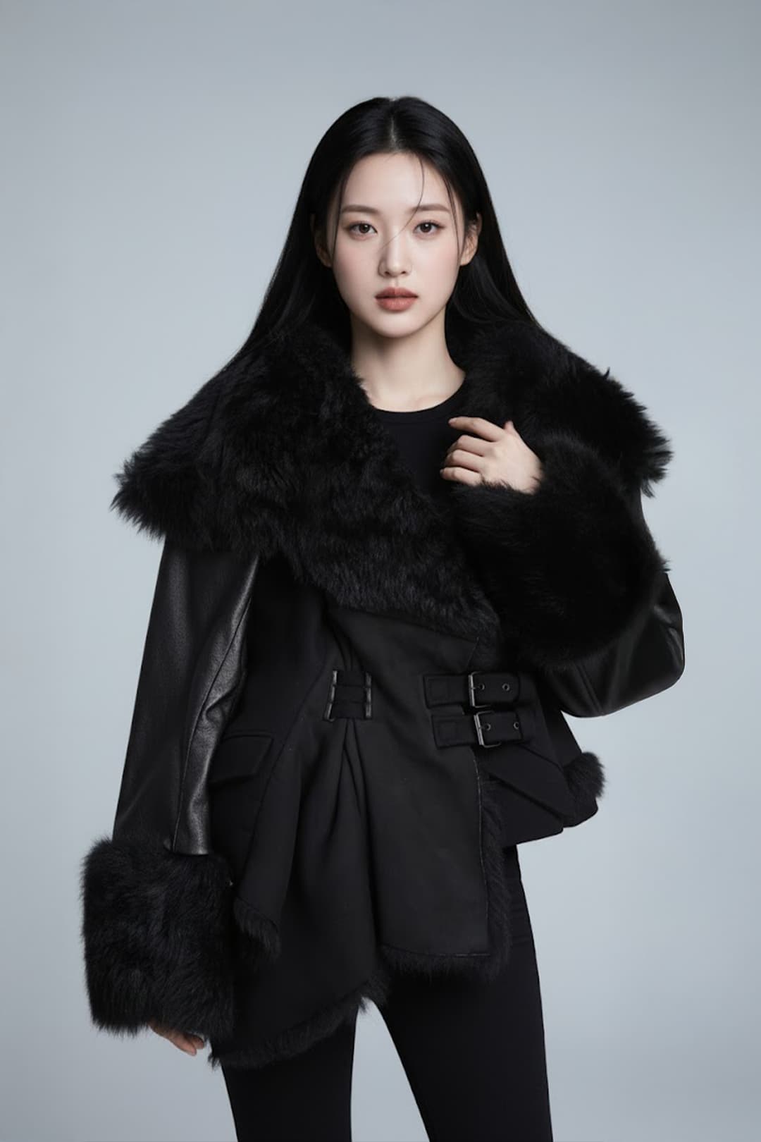 퍼 벨티드 레더 자켓