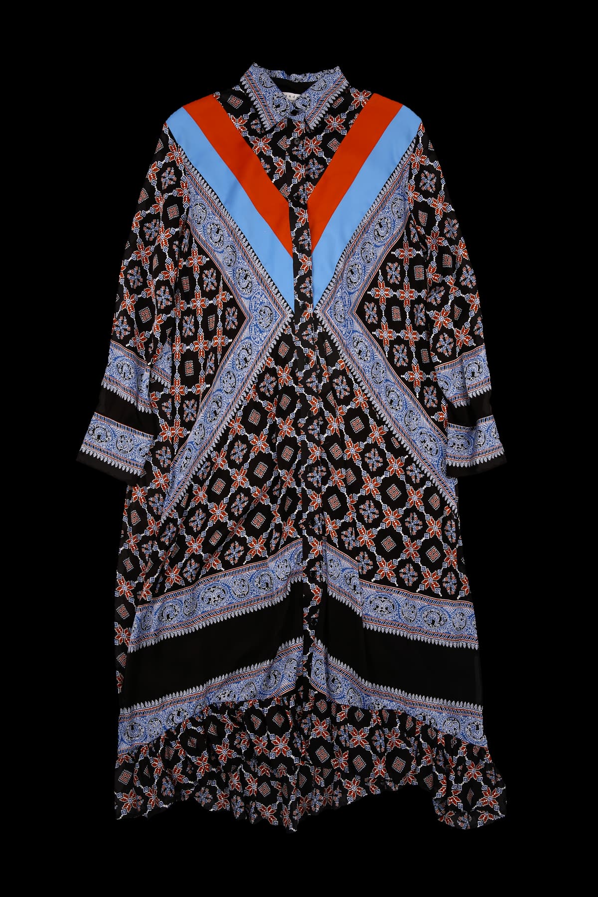 배색 라인 패턴 롱 원피스