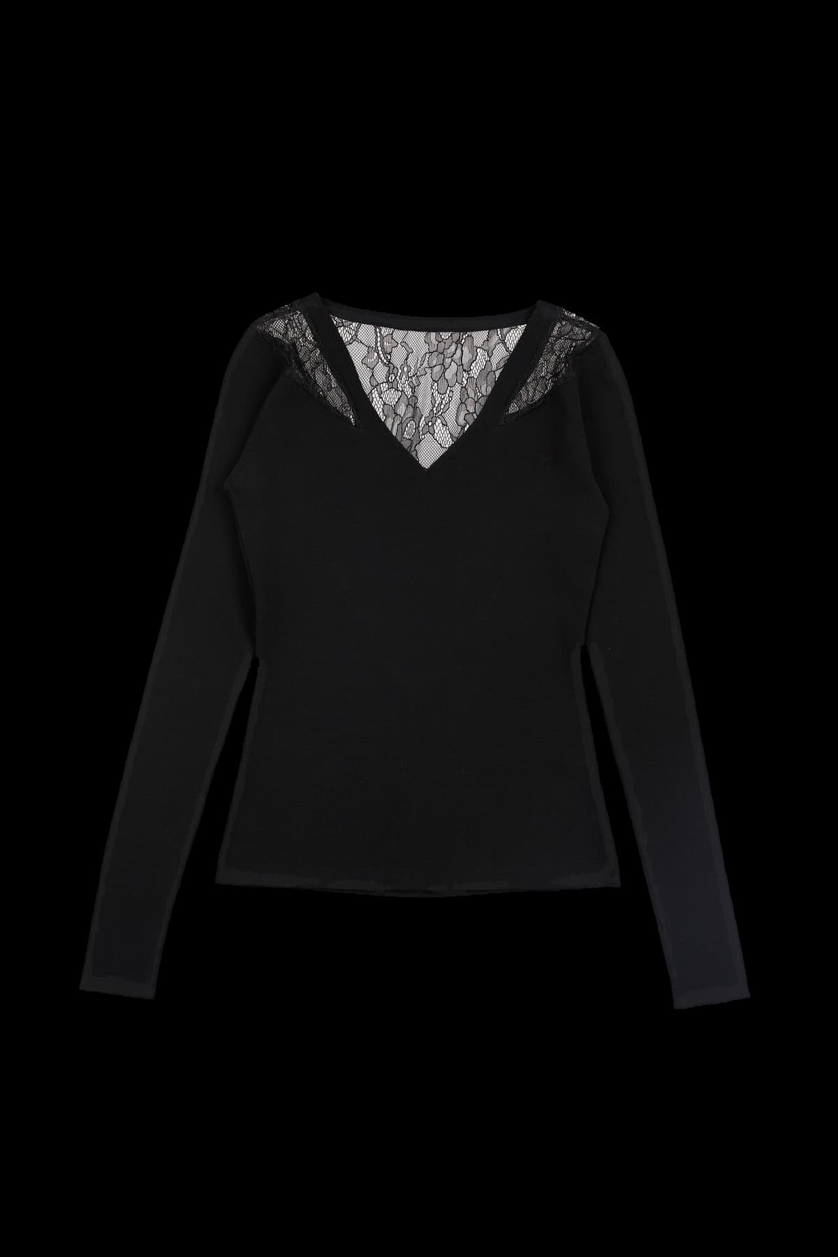 레이스 브이넥 라인 긴팔 티셔츠