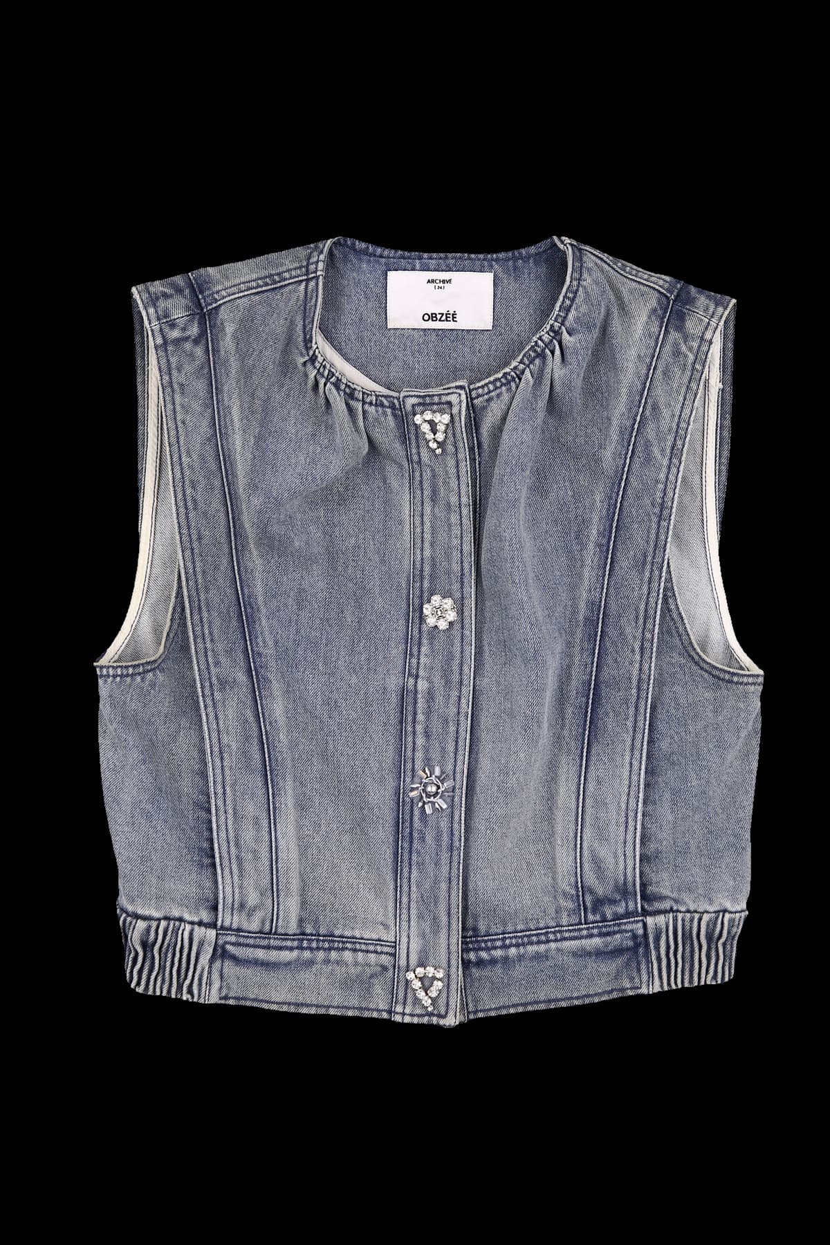 큐빅 버튼 워싱 데님 베스트 