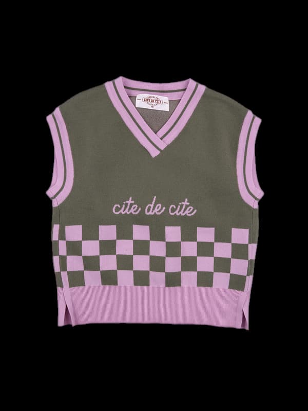 배색 체크 니트 베스트 