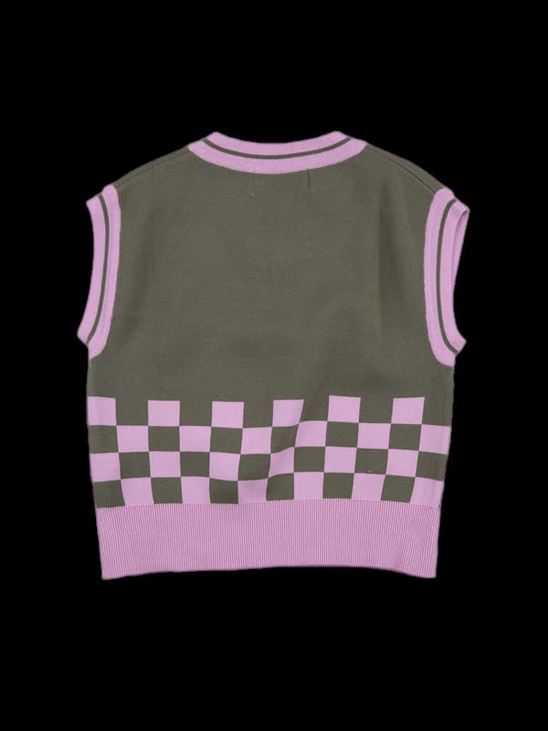 배색 체크 니트 베스트 