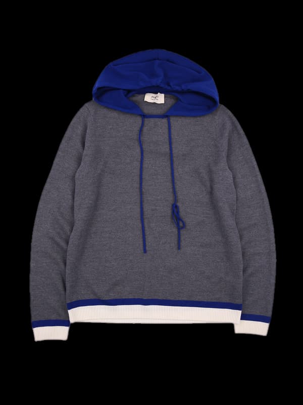 배색 후드 긴팔니트