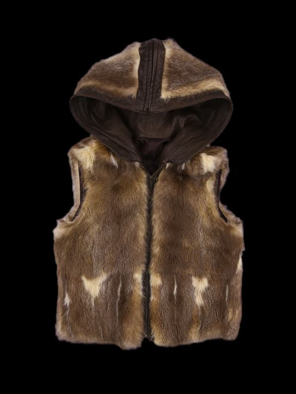 가죽털 후드 베스트 집업 