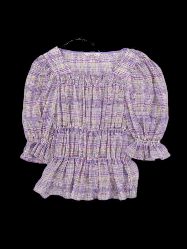 셔링 체크 반팔 블라우스