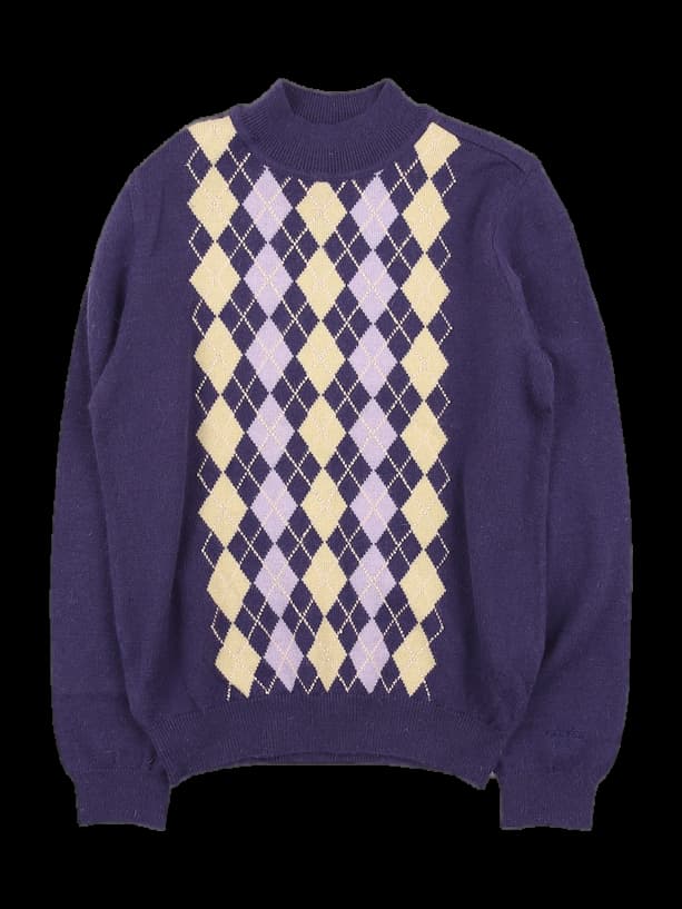 오로라 비즈 포인트 아가일 체크 반목 폴라 긴팔 니트