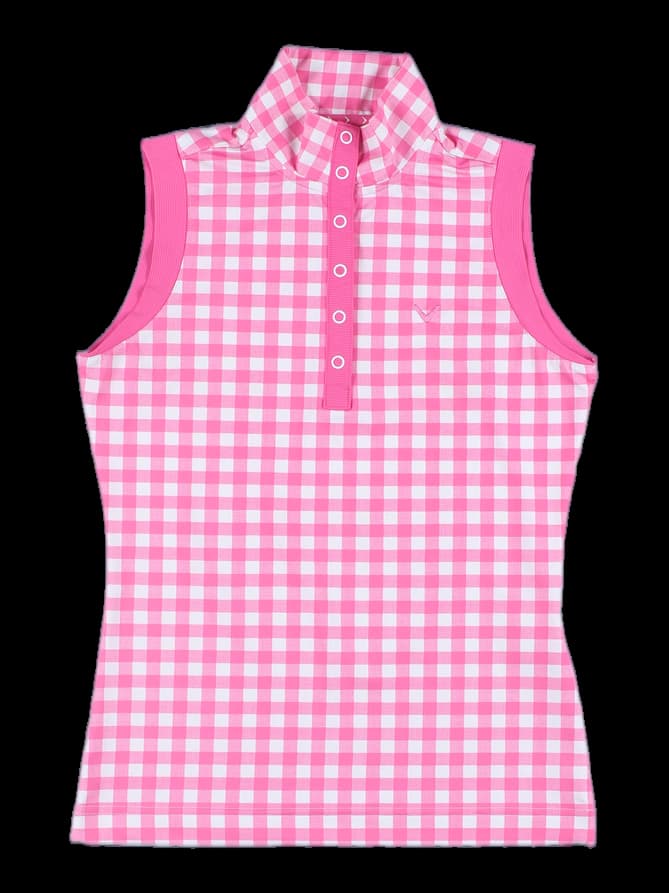 체크 버튼 슬리브리스 티셔츠