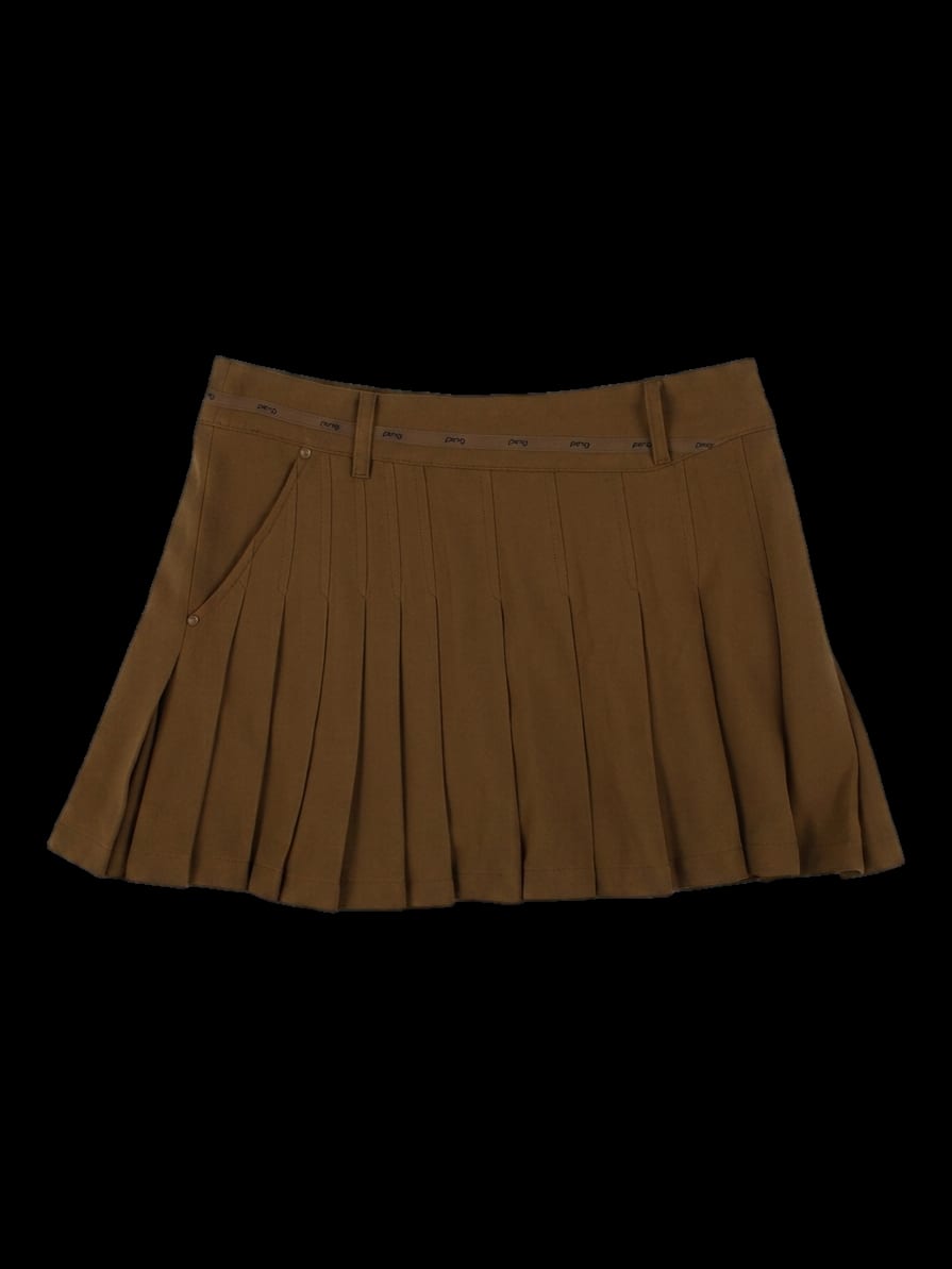 브라운 테이프 디테일 플리츠 스커트